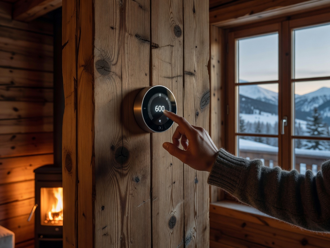 Adjusting modern thermostat on timber chalet wall