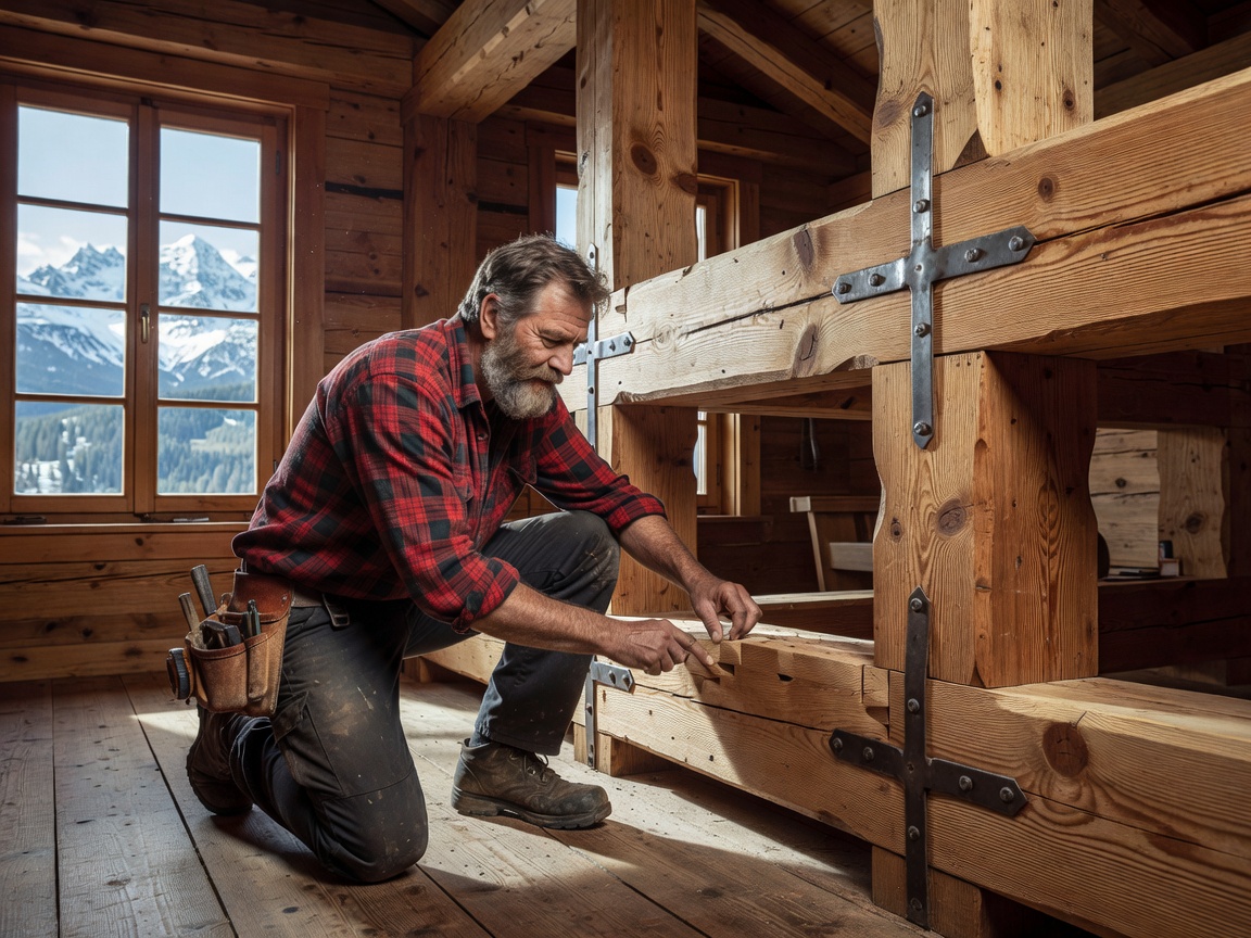 Carpenter checking timber frame joints and fixtures in a mountain chalet
