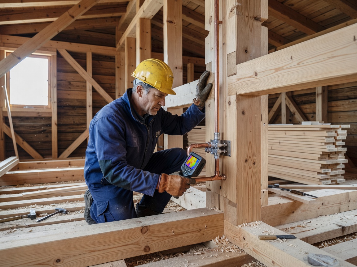 Chalet engineer reviewing heating components and timber joinery