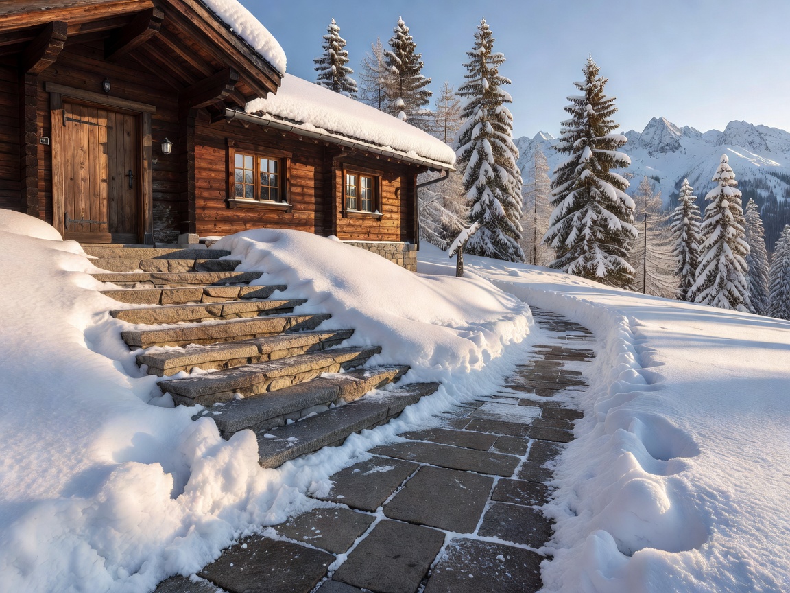 Cleared stone steps and entrance pathway at an alpine chalet after snowfall