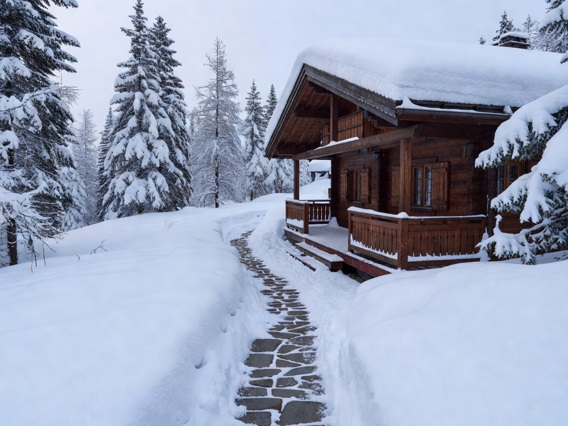 Cleared wooden veranda and shoveled stone walkway at a snowbound alpine chalet