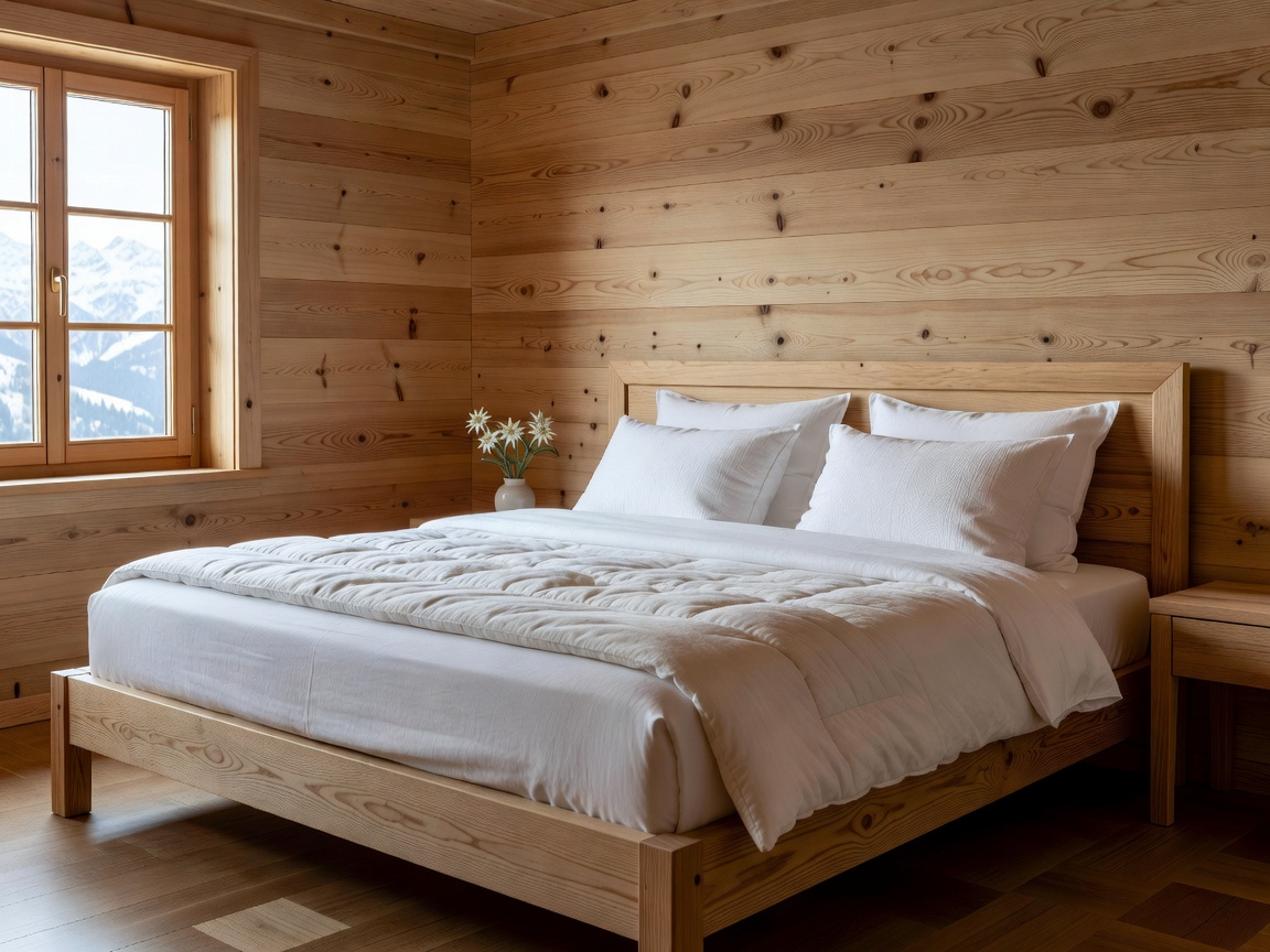 Crisply made alpine bedroom with fresh linen and natural wood paneling