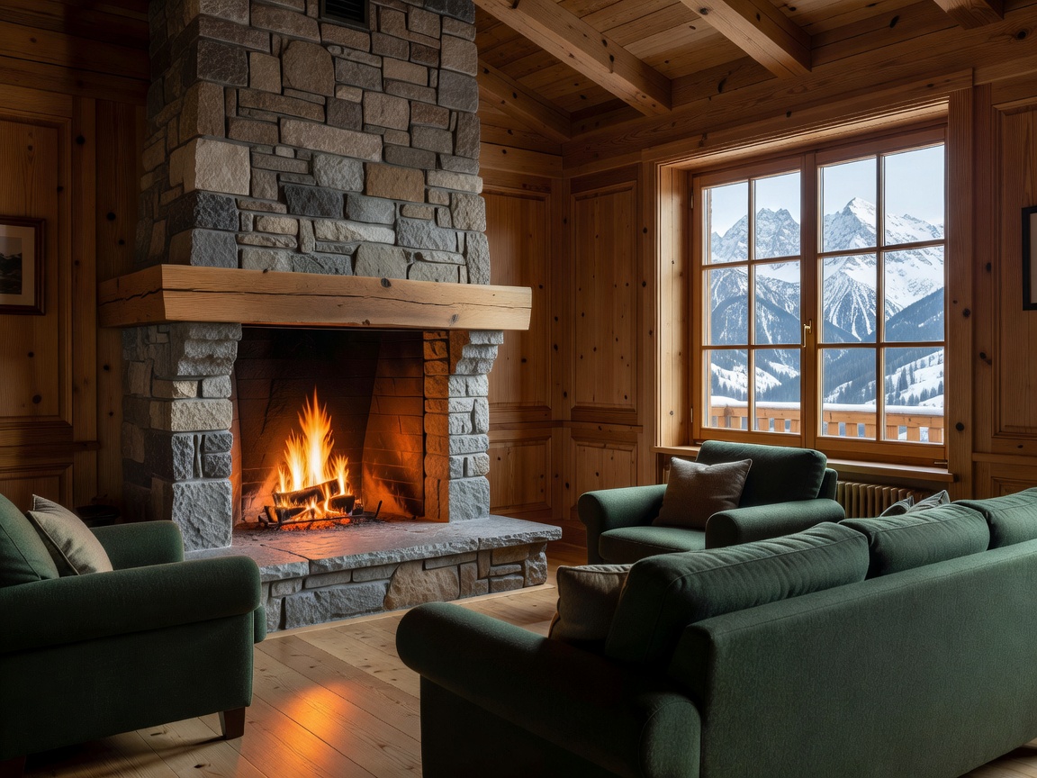 Crisply made living room and fireplace inside an alpine chalet