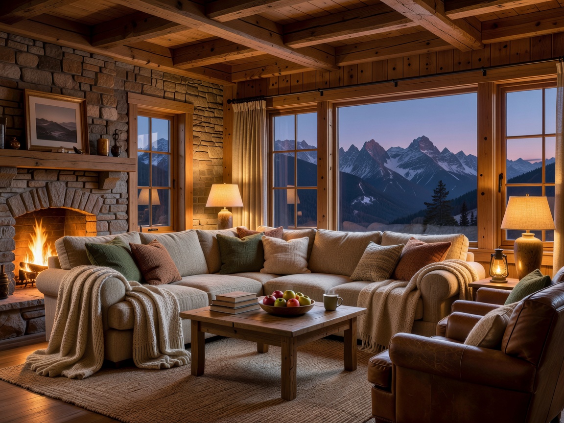 Inviting mountain chalet living room with warm lighting and staged essentials