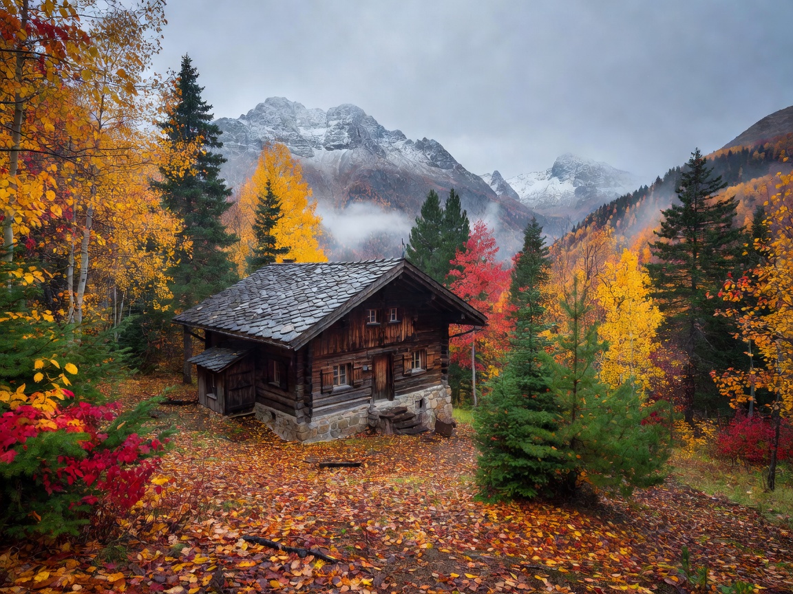 Mountain chalet exterior during autumn transition before snowfall