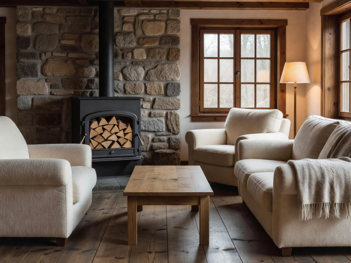 Neatly arranged chalet lounge with logs placed in wood stove