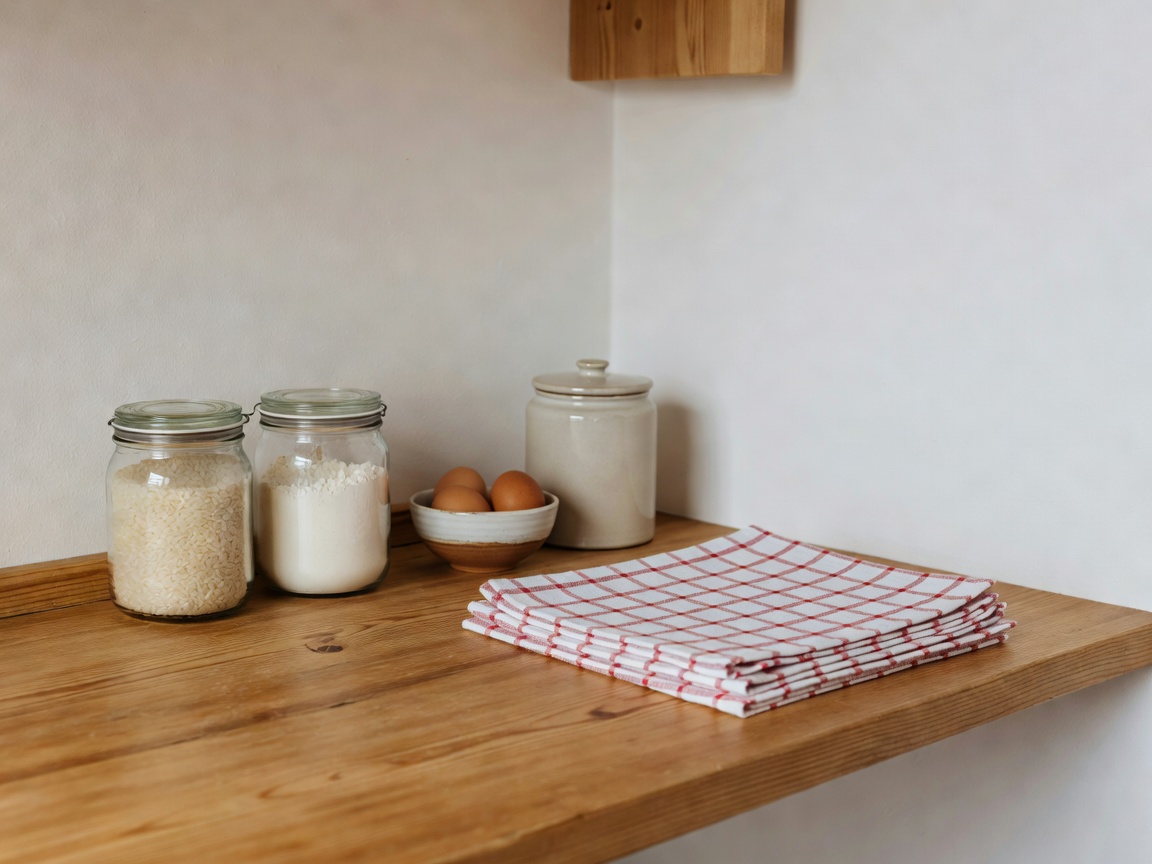 Organised chalet kitchen counter with basic supplies and clean towels