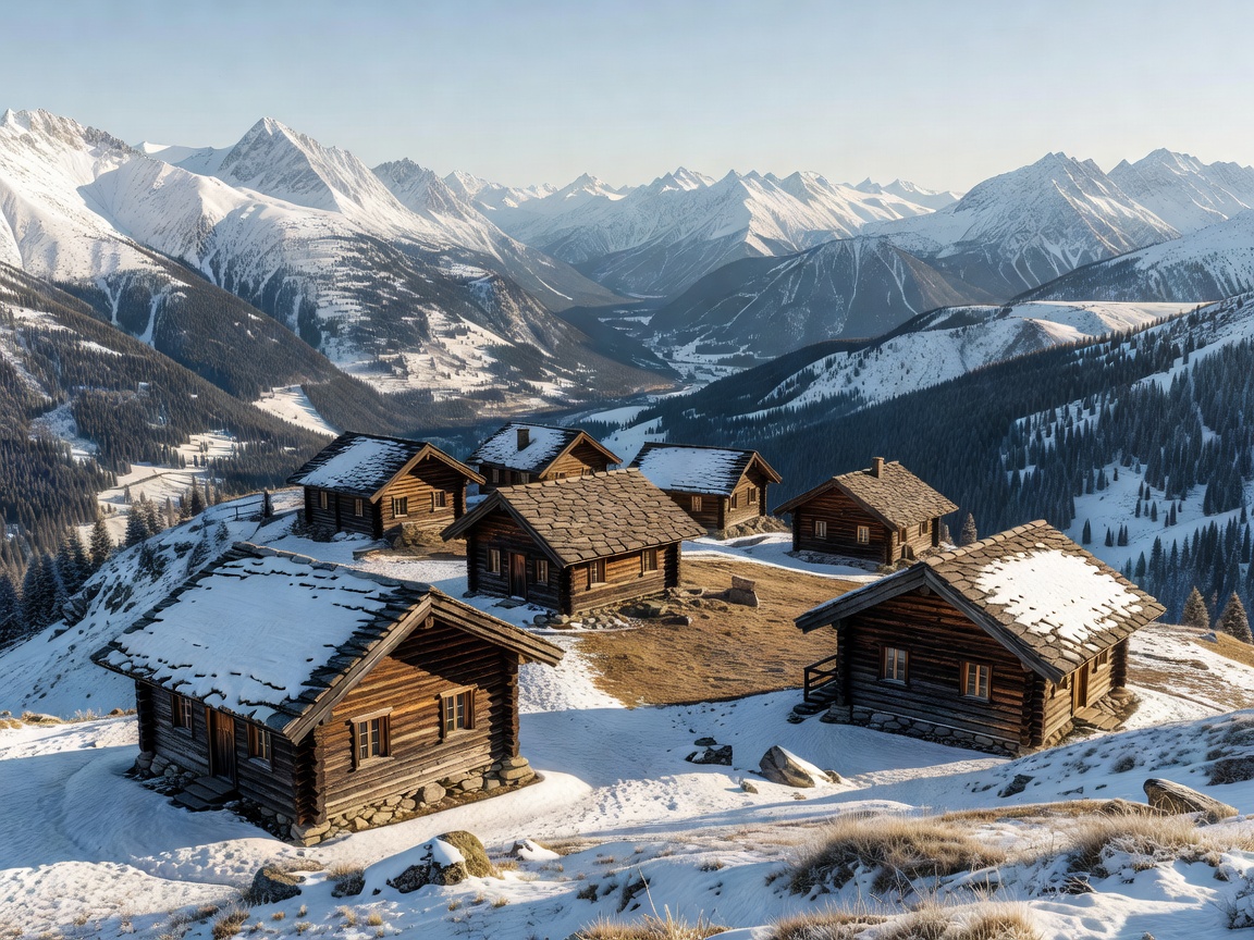 Panoramic view of timber chalets overlooking an alpine mountain valley