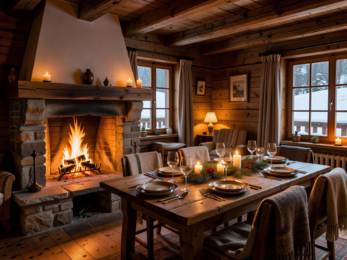 Warmly lit chalet interior with set table and welcoming fireplace ambiance