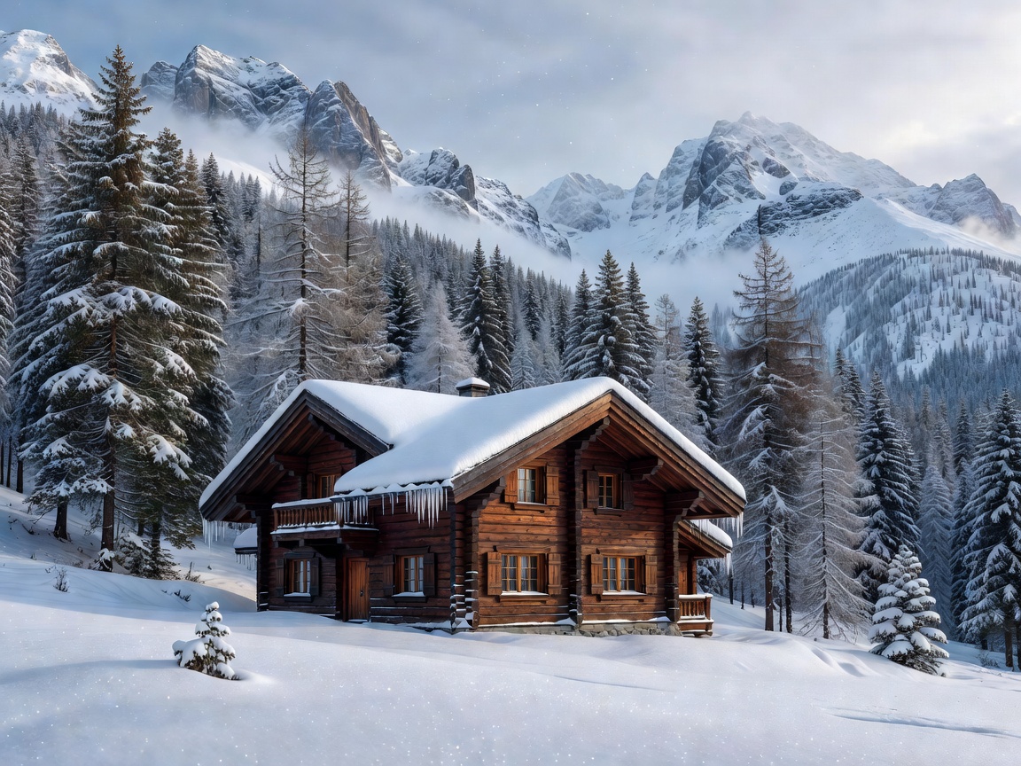 Well-kept timber mountain chalet surrounded by alpine forest and snow
